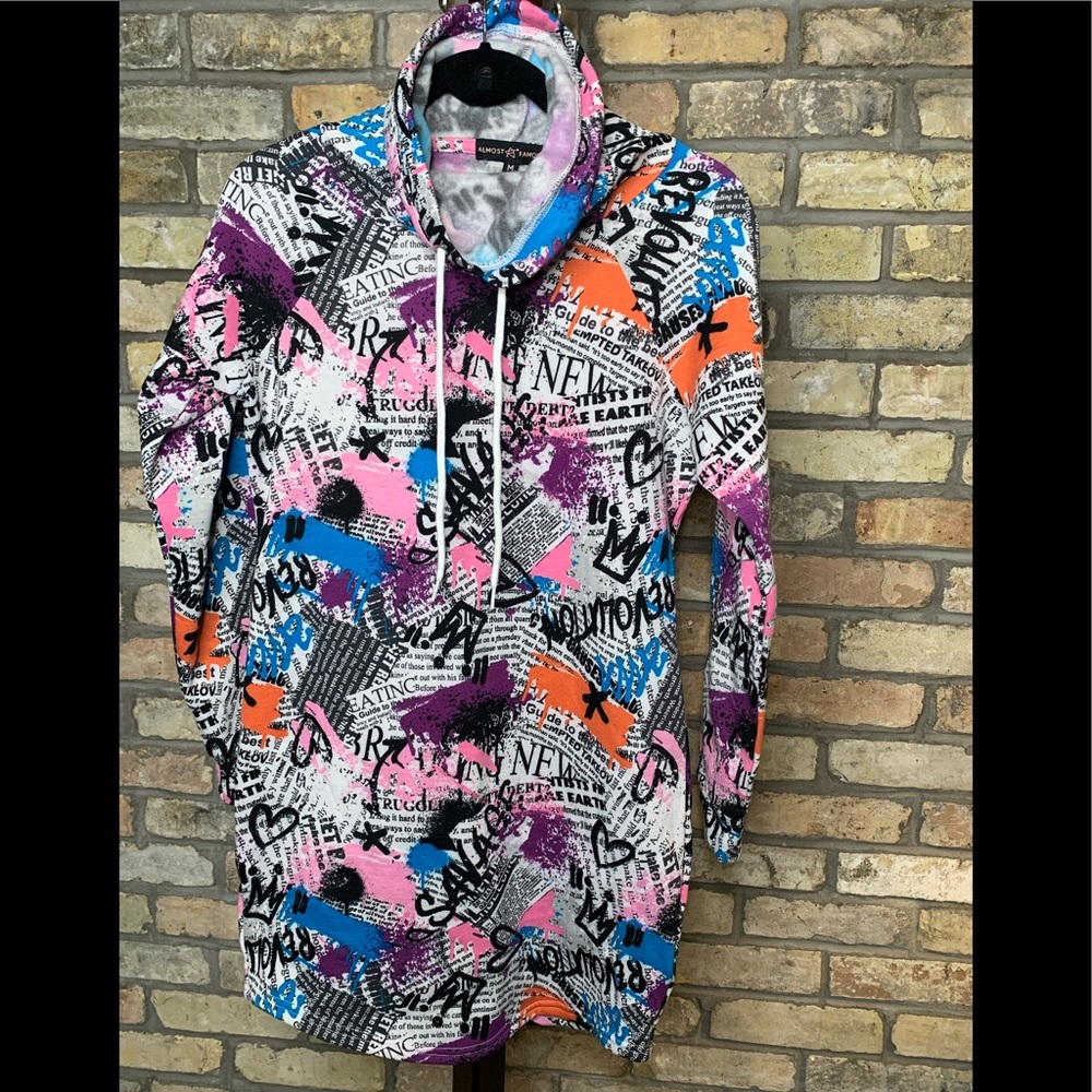 Almost Famous Cowl Neck Graffiti Sweatshirt Dress